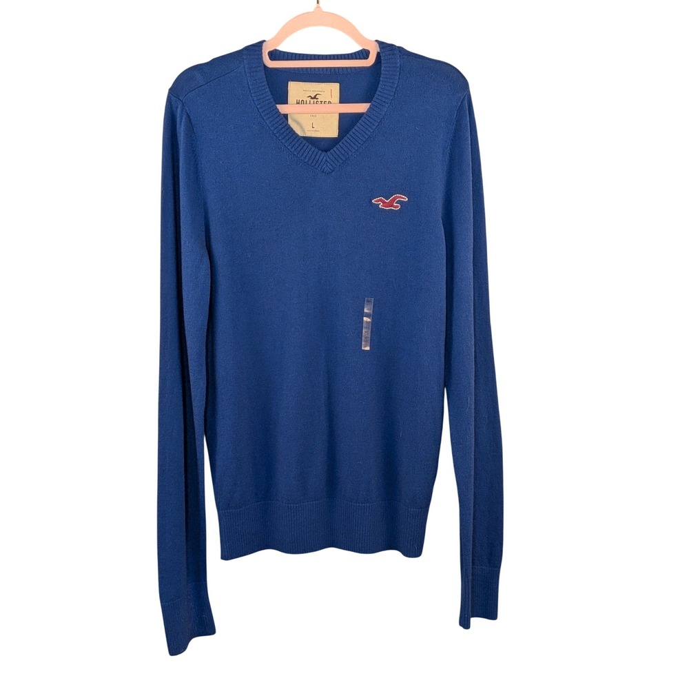 Hollister‎ Men Sweater L Blue V Neck Logo Knit Casual Preppy Pullover Cotton NWT
